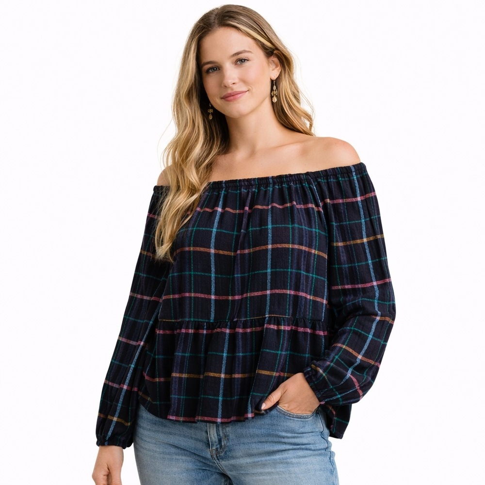 ANN TAYLOR LOFT Plaid Off-The-Shoulder Top XL